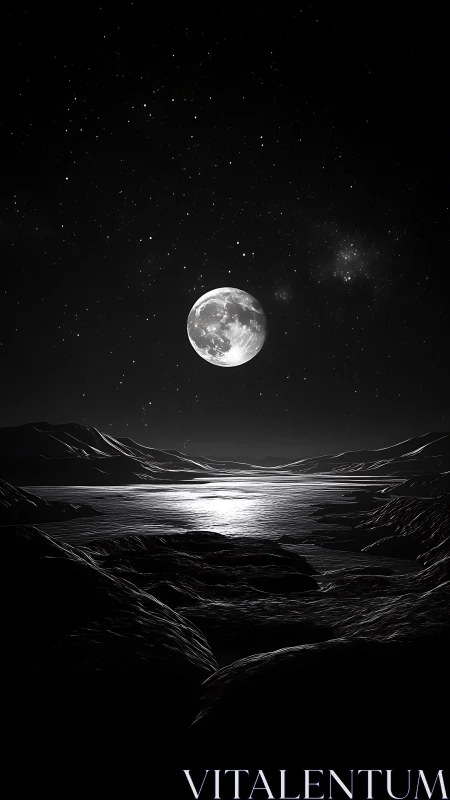 Monochrome lunar seascape under radiant full moon glow.