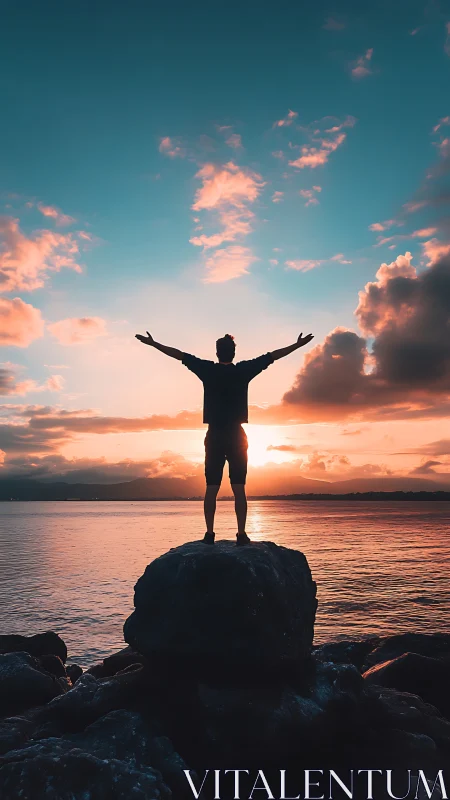 Silhouetted figure on coastal rocks under radiant sunset sky.
