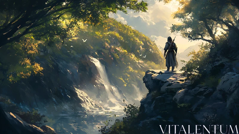 Lone wanderer surveys a sunlit waterfall valley in silence.