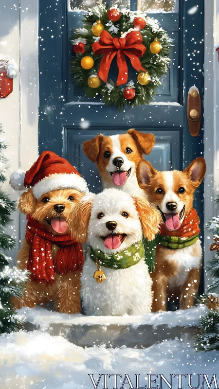 Four happy dogs in winter coats at a snowy front door.