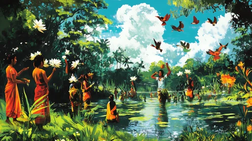 Hydrologic ritual tableau with lotus gatherers and avian vectors.