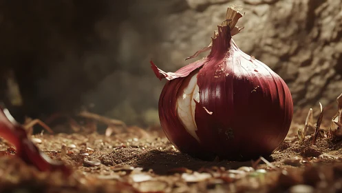 Sunlit red onion rests gently on warm earthy ground