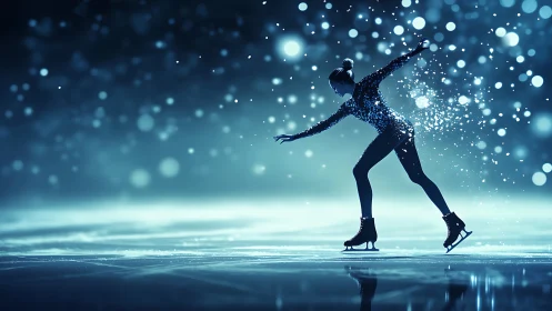 Figure skater gliding on ice in blue studio lighting.