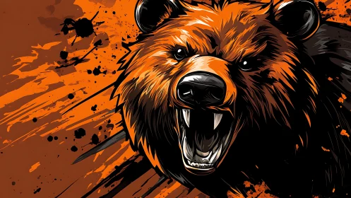 Roaring ember bear bursting through a wild orange storm.