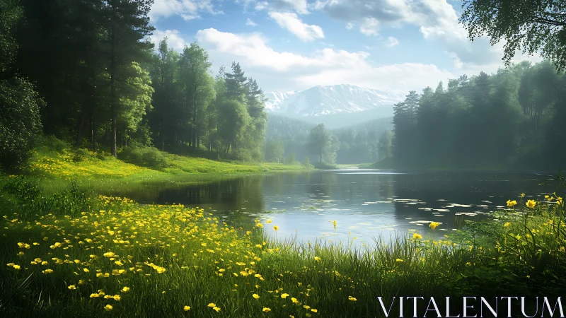 Serene mountain lake with wildflower meadow and forest edge.