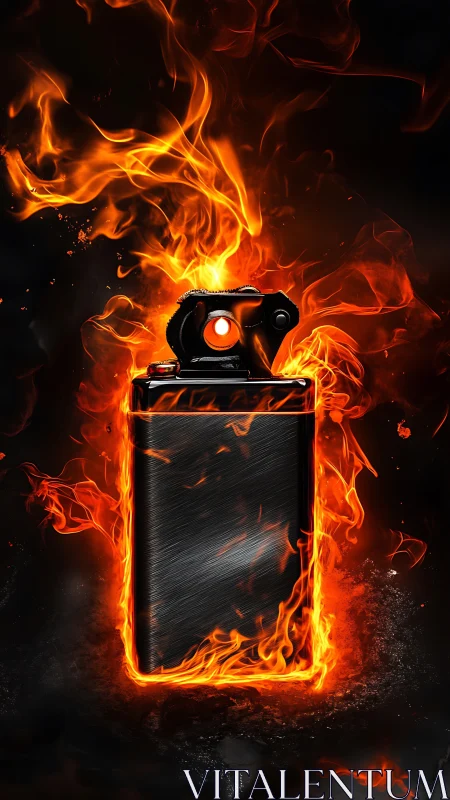 Black lighter engulfed in hyperrealistic orange flame