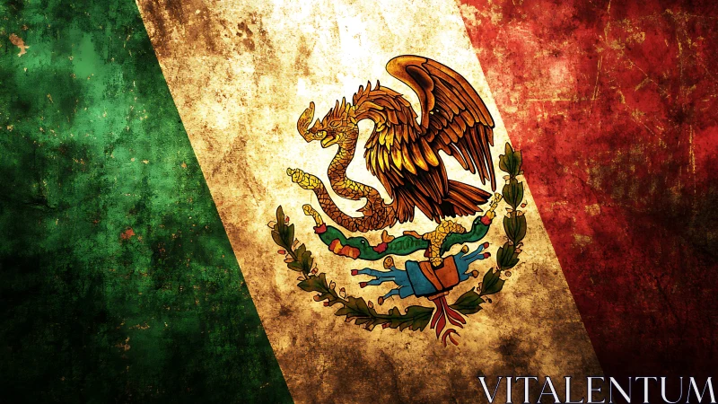 Weathered Mexican flag glowing with bold, historic pride.