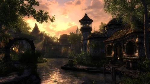 Sunlit riverside fantasy village with stone towers and trees.