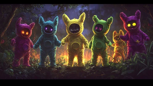 Glowing forest creatures gather in colorful fuzzy suits.