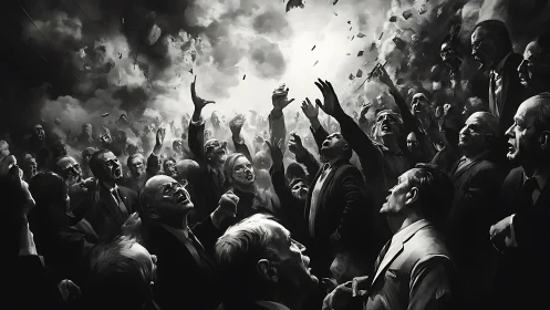 Monochrome corporate crowd tableau with dramatic chiaroscuro lighting.