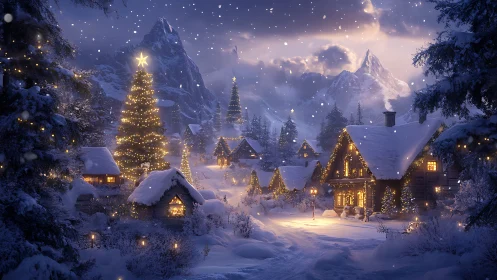 Snowy mountain village glows softly with cozy holiday lights