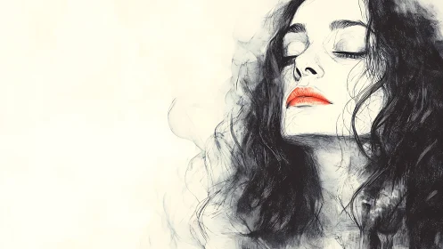 Red-lipped woman in dreamy ink sketch portrait artwork.
