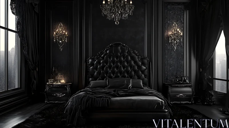 Opulent black bedroom invites quiet, dramatic nighttime comfort
