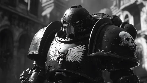 Stoic armored warrior stands ready in a gothic war-torn city