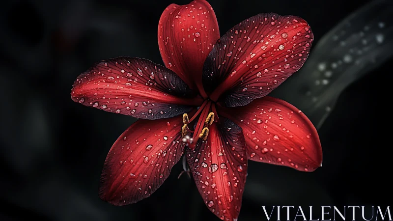 Deep Crimson Lily with Raindrops: Botanical Macro Study