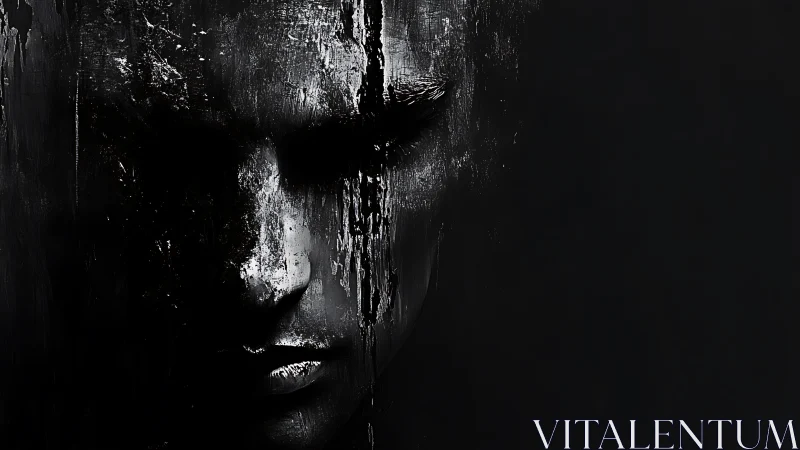 Shadowed monochrome face dissolves into abstract darkness.