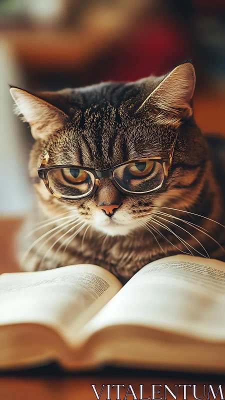 Scholarly Tabby Contemplates Literature Through Fashionable Spectacles