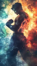 Muscular fighter silhouette stands in fiery colored smoke