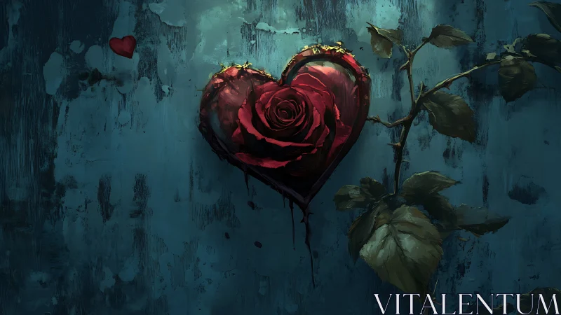 Red rose heart shape on distressed teal weathered wall background