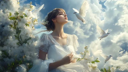 Ethereal bride among white doves in sunlit clouds.