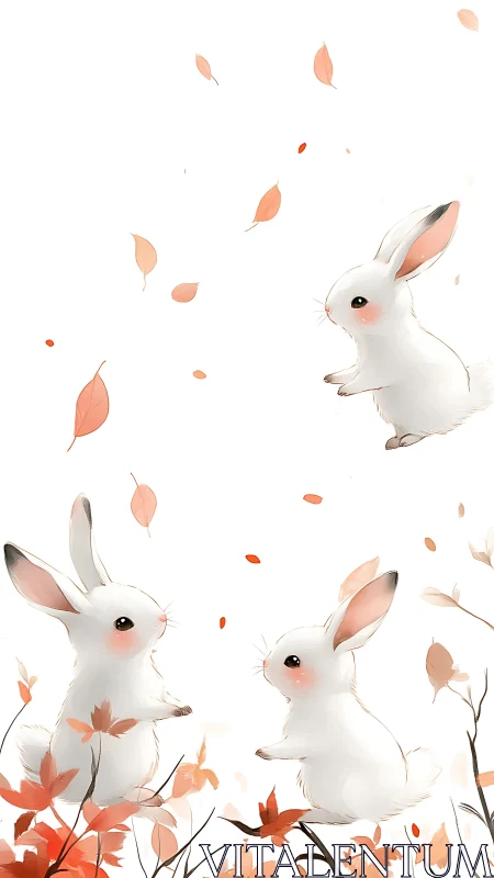 Playful white rabbits amid softly drifting autumn leaves.