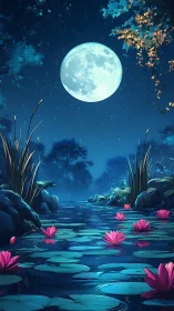 Moonlit lotus pond under deep blue nocturnal sky.