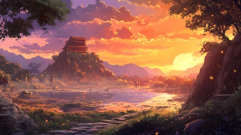 Golden sunset warms a peaceful temple above glowing waters