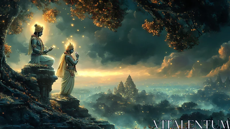 Divine figures overlooking illuminated ancient fantasy city.