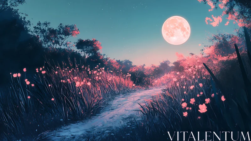 Moonlit path through glowing pink wildflower meadow.