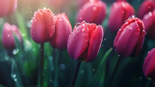 Pink Tulips with Raindrops in Soft Focus Garden.
