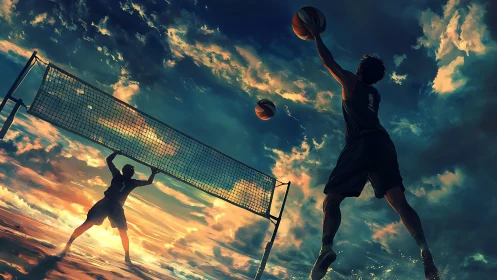 Sunset sky volleyball duel with soaring silhouettes in motion.