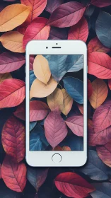 Smartphone centered on multicolored autumn leaves background.