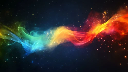 Multicolor light band across star-filled dark background.