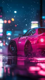 Neon pink tuner car idles in rainy cyberpunk city street