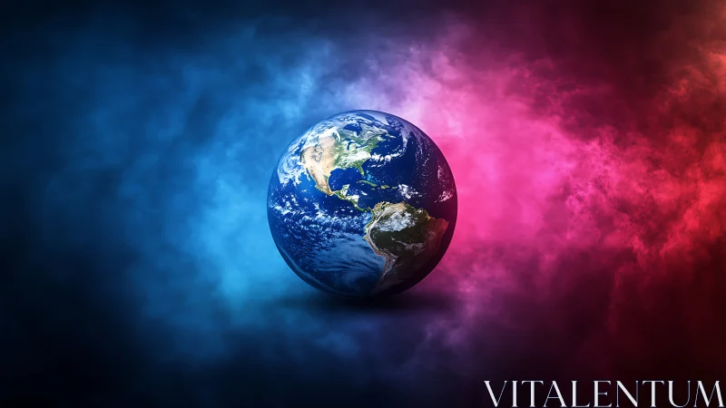 Planet Earth centered between blue and magenta nebula clouds.