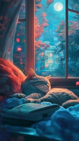 Cat sleeping by window under moonlight with glowing flowers.