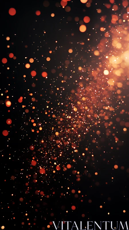 Cinematic bokeh particles in warm amber light on black field