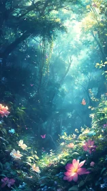 Enchanted Forest Garden Where Light Dances Through Blossoms