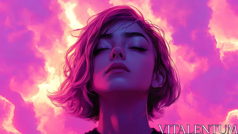 Digital portrait depicts closed‑eye figure against neon sky