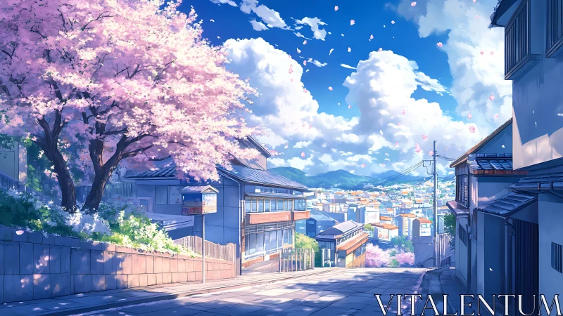 Hillside Japanese street with cherry blossoms and distant cityscape