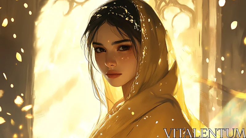 Radiant hooded portrait with particulate golden backlighting.