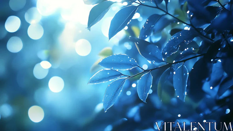 Blue leaves with water drops against glowing bokeh light.