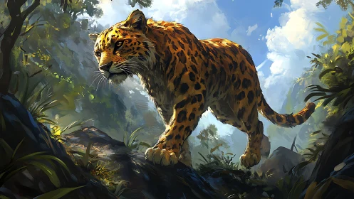 Spotted big cat prowls lush forest with muscular predatory stance