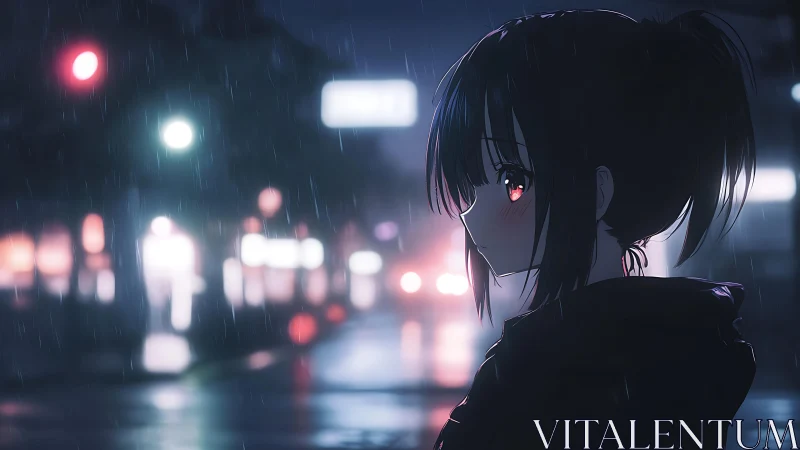 Side-profile anime figure stands on wet street at night