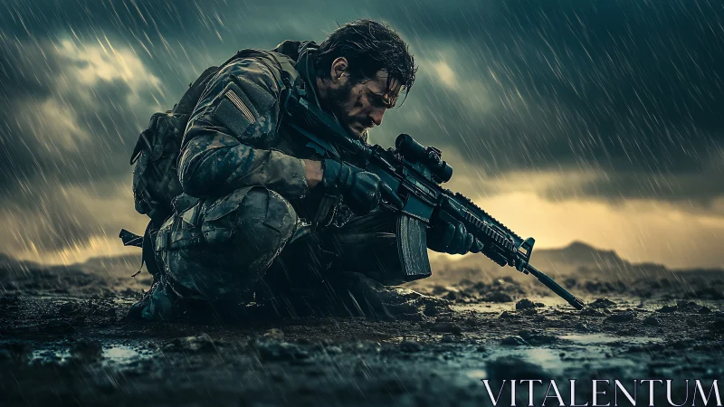 Battle-weary soldier kneels in storm, clutching rifle in resolve