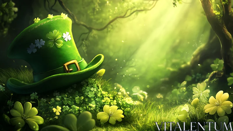 Green buckled hat on clover-covered forest clearing.