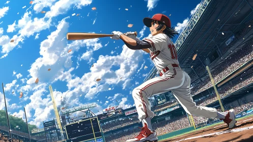 Right-handed batter follows through swing in crowded stadium