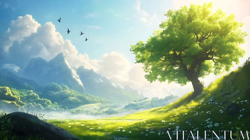 Sunlit lone tree guarding a dreamy emerald valley meadow.