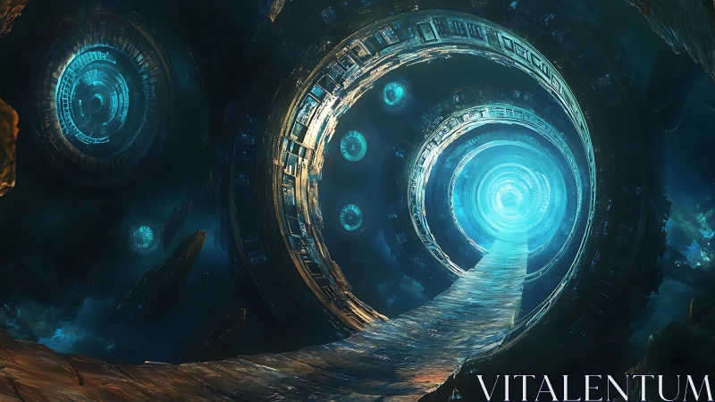 Spiraling sci fi portal tunnel in luminous teal void.