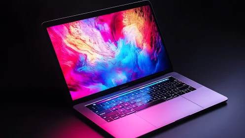 Neon dream laptop glows with swirling digital color storms.